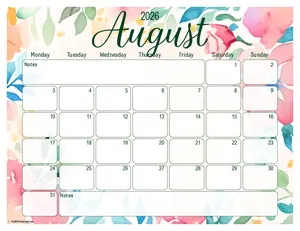 2026 August printable calendar, floral design, Monday start.