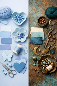 Split mood board showing Cool Blue and Patina Blue 2026 color palettes with handmade items and brass accents.