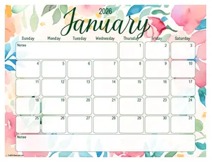 Download a free printable January calendar for 2026. Sunday or Monday start, with or without U.S. holidays, ink-friendly and blank versions.