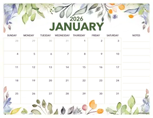 January 2026 floral calendar with space for notes.