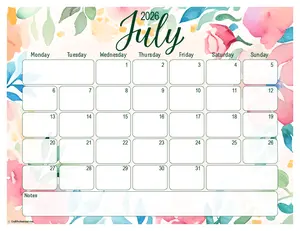 2026 July printable calendar, floral design, Monday start.