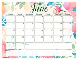 2026 June printable calendar, floral design, Monday start.