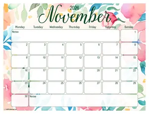 2026 November printable calendar, floral design, Monday start.