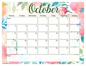 2026 October printable calendar, floral design, Monday start.