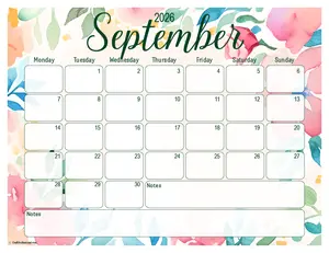2026 September printable calendar, floral design, Monday start.