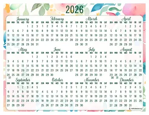 Printable yearly calendar for 2026, floral design