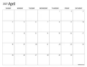 Download free printable April calendars for 2027. Browse simple, floral, and colorful designs with Sunday-start, Monday-start, and undated options.