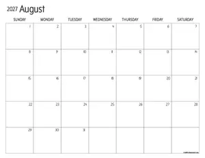 August 2027 printable calendar with large space for writing.