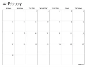 February 2027 calendar with lage date boxes for maximum writing space.