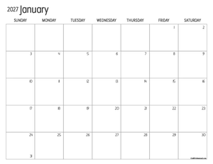 January 2027 printable calendar with large date boxes and maximum writing space