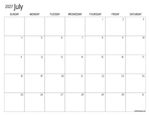 Printable July 2027 calendar, simple design with maximum writing space.