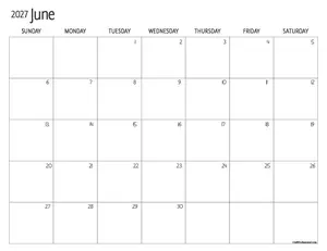 June 2027 printable calendar with maximum space for writing in each square.