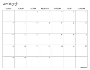 Printable March 2027 calendar with maximum writing space.