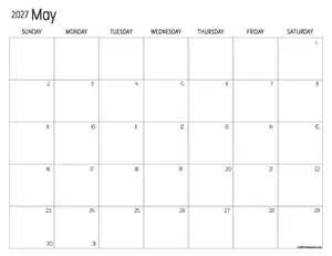 May 2027 printable calendar with maximum space for writing.