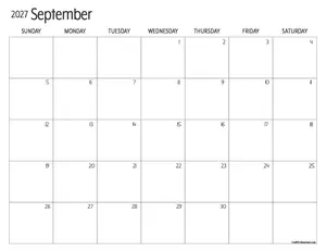 September 2027 printable calendar, simple design with large squares for maximum writing space.