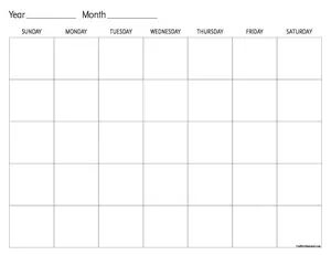 Printable blank calendar, designed with maximum writing space on each dy.