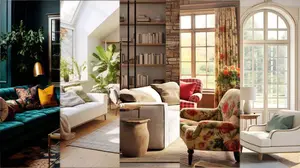Collage of rooms featuring 2024 design trends including maximalism, warm minimalism, biophilic design, Parisian and English country design.