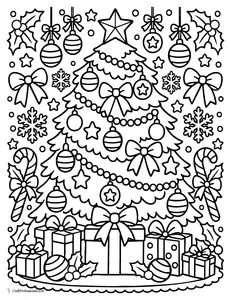 Detailed Christmas tree coloring page with ornaments, garland, gifts, and a star topper.