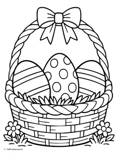 Big oval Easter basket coloring page with three large eggs decorated with simple stripes and dots.