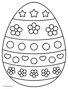 Easter egg coloring page with wide horizontal bands, flowers, hearts, circles, and stars.
