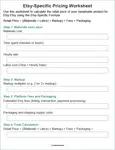 Etsy specific pricing worksheet