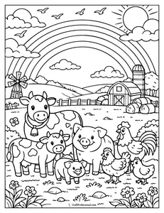 Farm animal rainbow coloring page featuring cows, pigs, and chickens.