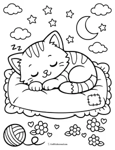 Sleepy kitten coloring page on a pillow, free printable.