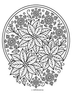 Mandala with poinsettias and snowflakes intertwined detailed coloring page