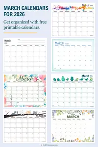 Download free March 2026 calendar PDFs: Sunday or Monday start, portrait or landscape. Low-ink options with notes space. No holidays added; print at home.