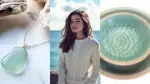 2025 nature inspired trend, seaglass necklace, woman wearing a fisherman sweater, and seafoam green pottery.