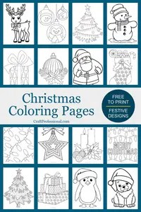 Collage of printable Christmas coloring pages with Santa, trees, ornaments, and snowflakes, featuring text "Christmas Coloring Pages, Free to Print, Festive designs." Suitable for kids and adults.