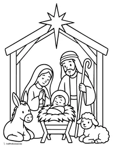 Simple Nativity coloring page for kids with Mary, Joseph, baby Jesus, and a Christmas star.