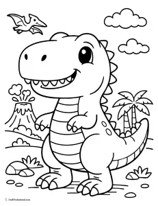 Simple smiling T-Rex standing dinosaur coloring page for kids