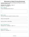 Printable wholesale pricing worksheet showing spaces to calculate materials cost, labor cost, overhead, cost of goods sold (COGS), wholesale price, and retail price for handmade products.