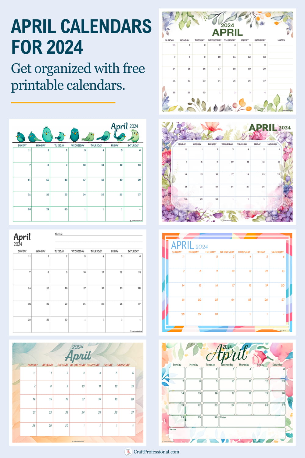 Collage of printable calendars. Text - April calendars for 2024. Get organized with free printable calendars.