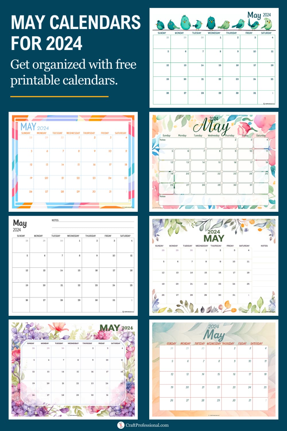 Collage of printable calendars. Text - May calendars for 2024. Get organized with free printable calendars.