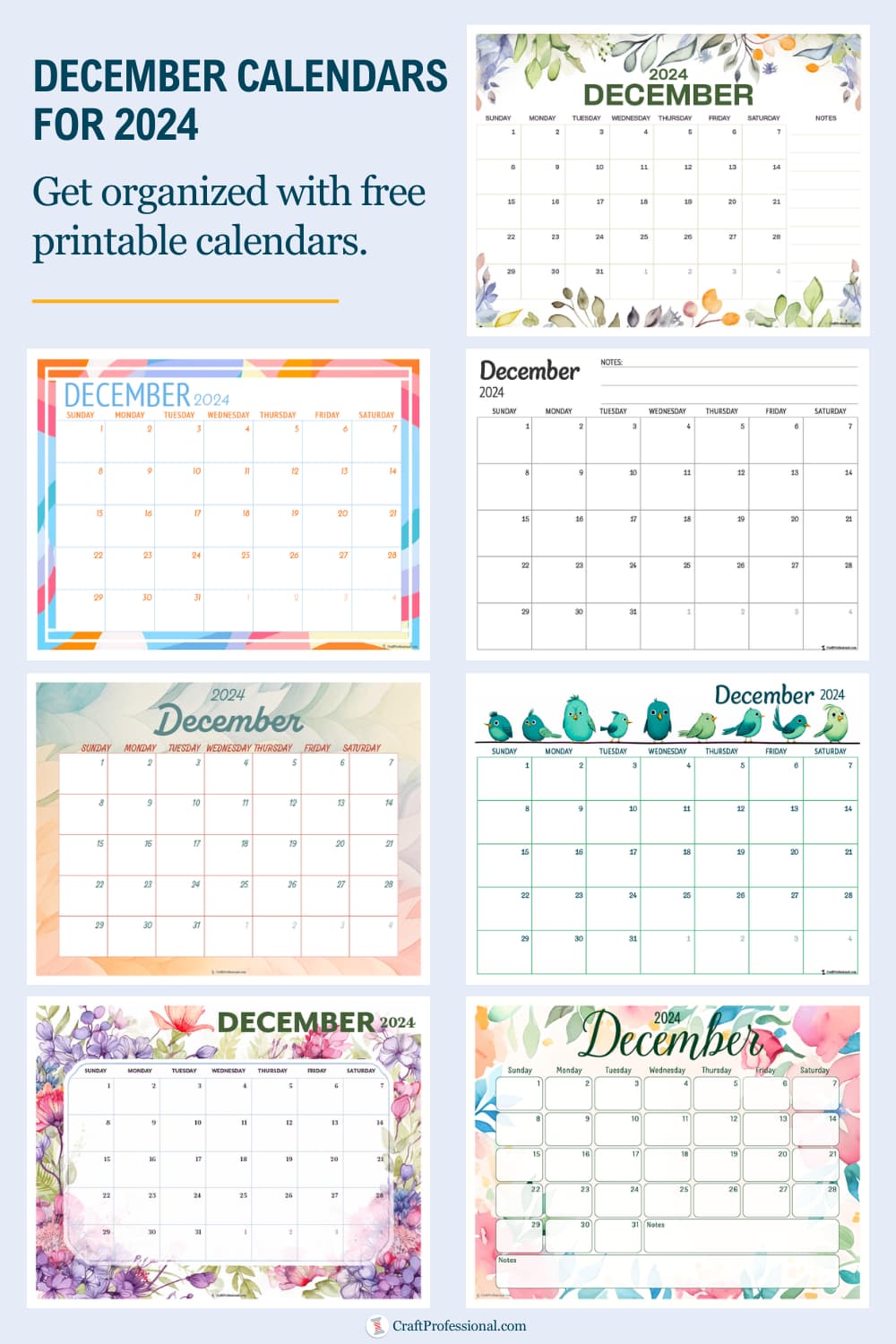 Collage of printable calendars. Text - December calendars for 2024. Get organized with free printable calendars.