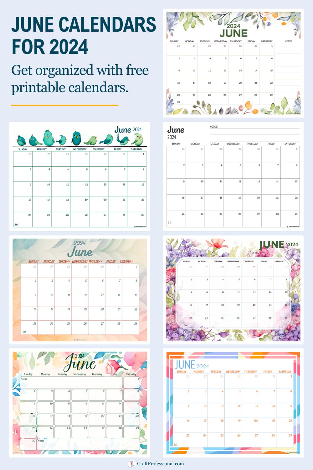Collage of printable calendars. Text - June calendars for 2024. Get organized with free printable calendars.