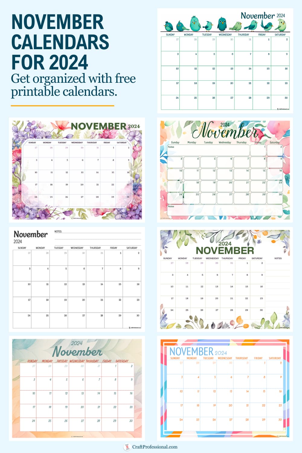 Collage of printable calendars. Text - November calendars for 2024. Get organized with free printable calendars.