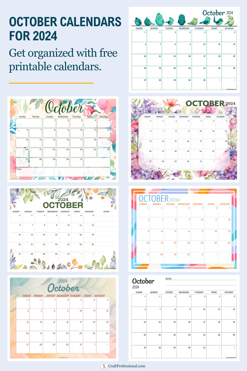 Collage of printable calendars. Text - October calendars for 2024. Get organized with free printable calendars.