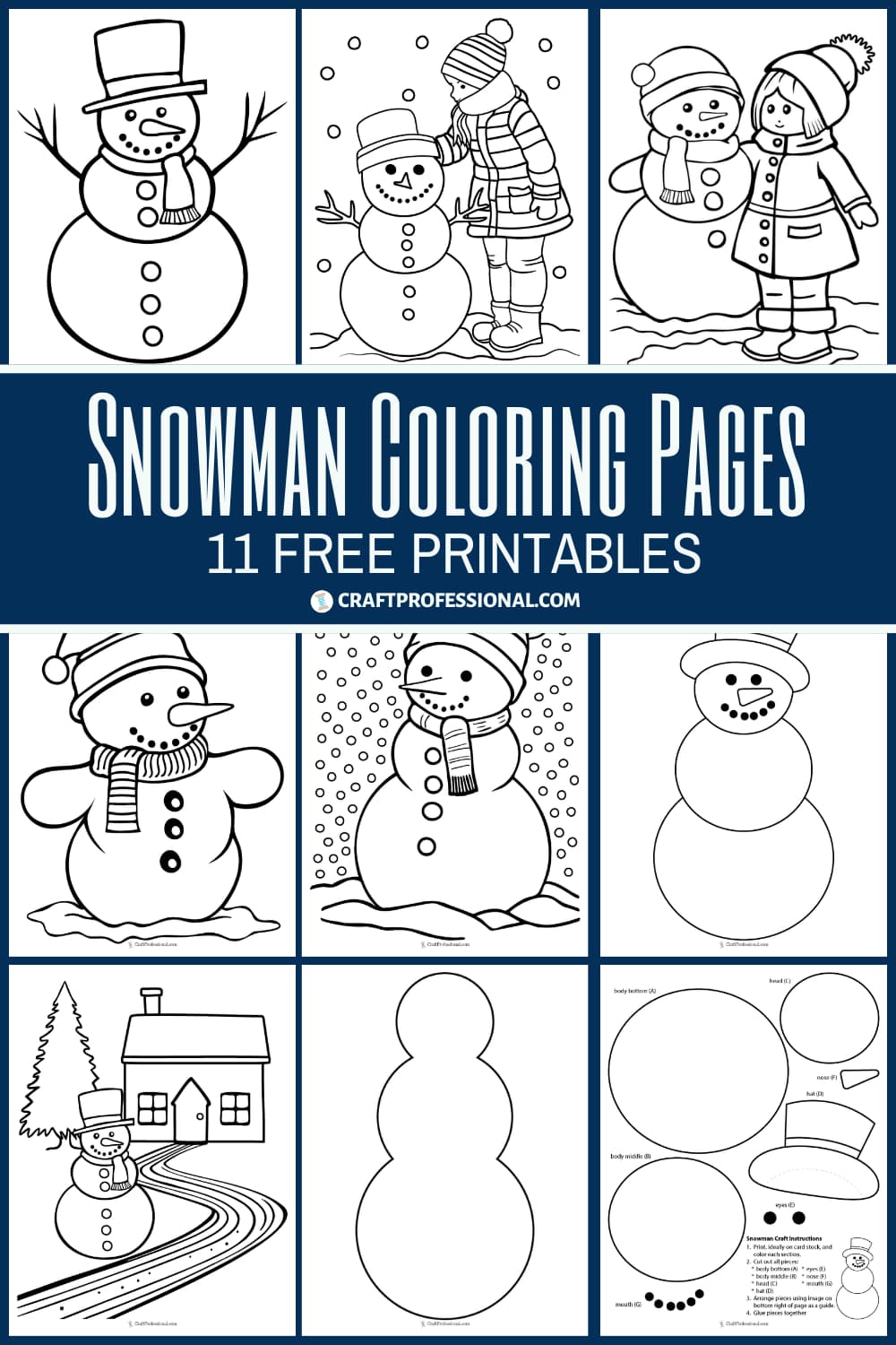 Snowman coloring pages. 11 free printables.