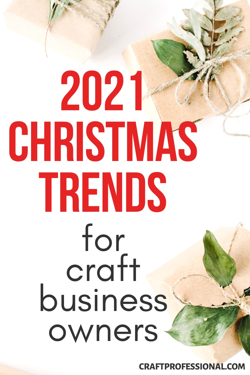Wrapped Christmas gifts. Text - 2021 Christmas trends for craft business owners.