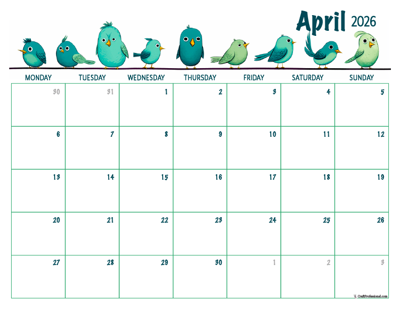Printable April 2026 calendar with cartoon birds design.