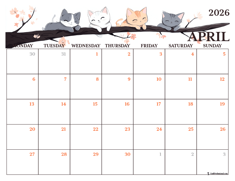 Printable April coloring page with spring cats design.