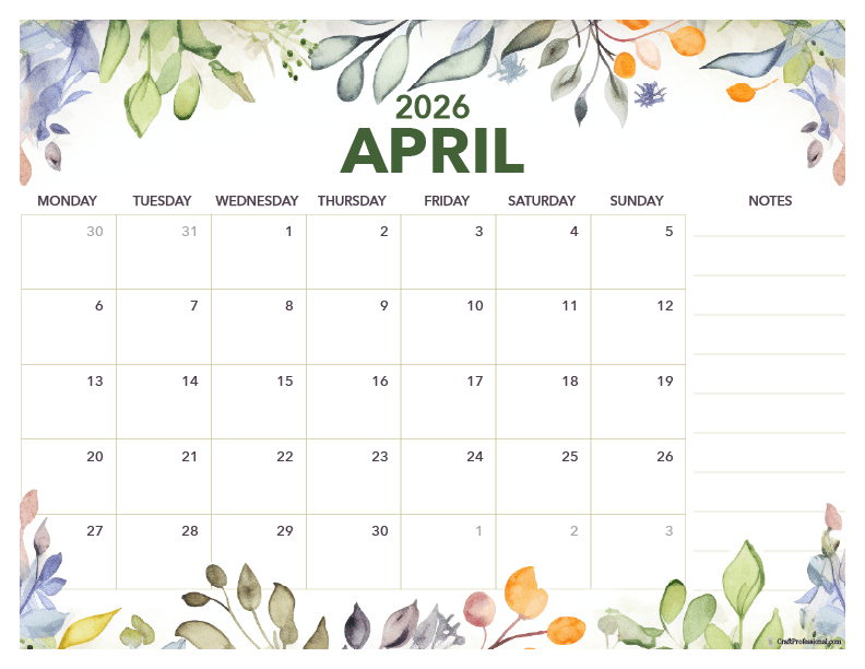 April 2026 floral calendar with space for notes.