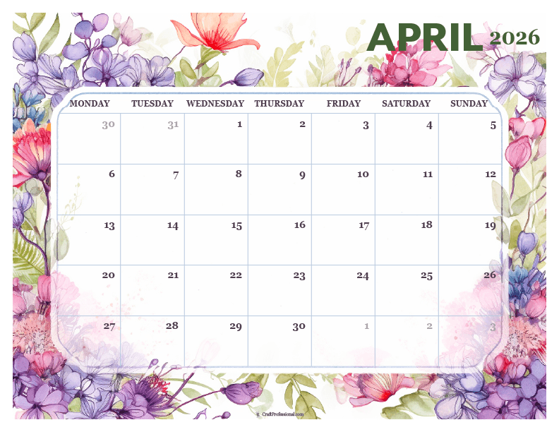 Printable April 2026 calendar with a detailed floral design.