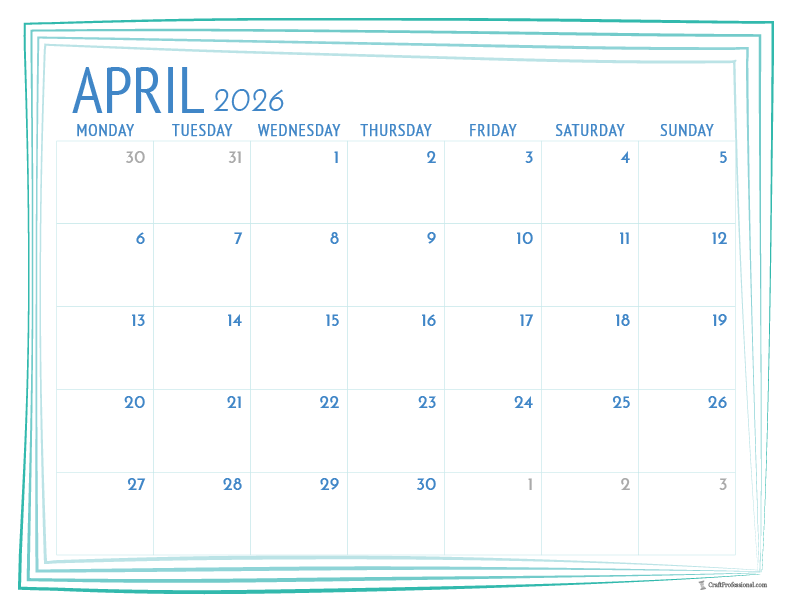 Printable April 2026 calendar with a simple blue frame outline.
