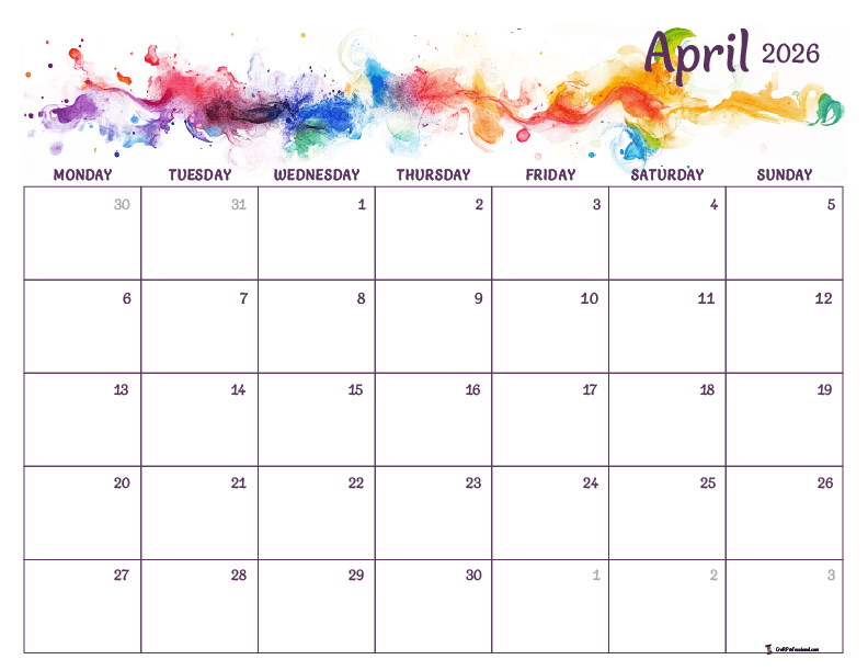 Printable April 2026 calendar, rainbow-colored abstract watercolor design
