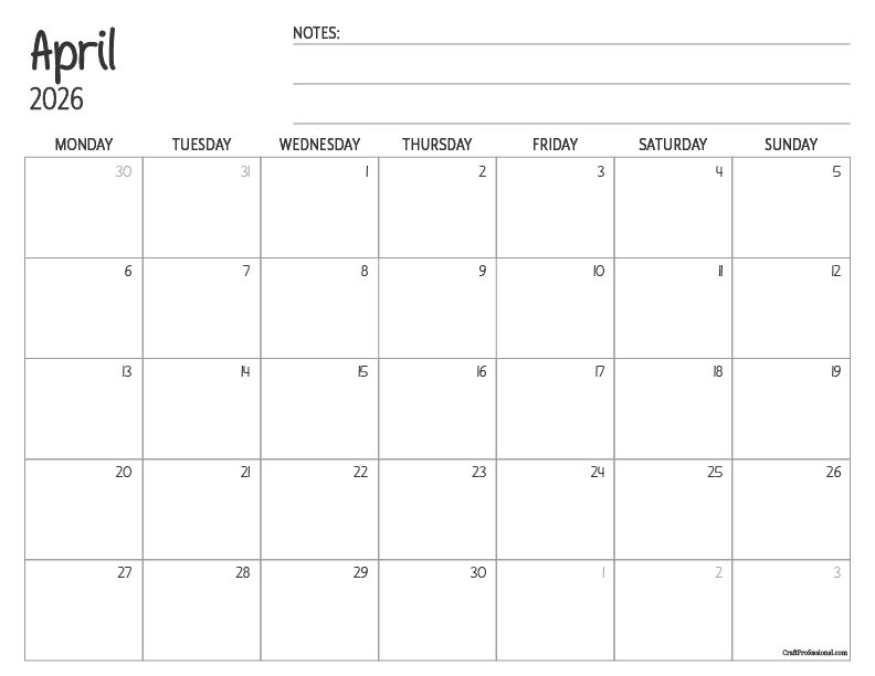 Printable April calendar with a simple, minimalist design and space for notes.