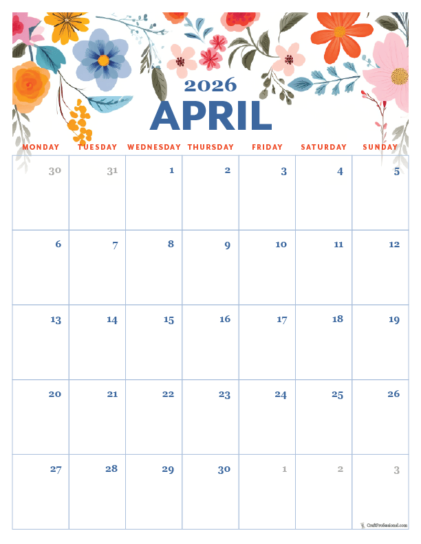 2026 April printable calendar, vertical orientation, floral folk art style,